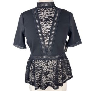 Scobe Embroidered Eyelet and Lace Mock Collar Peplum Top Black